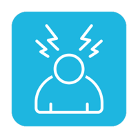 A bright blue square with rounded corners. On it there is a white outline of a person with jagged bolts coming from them, indicating stress.